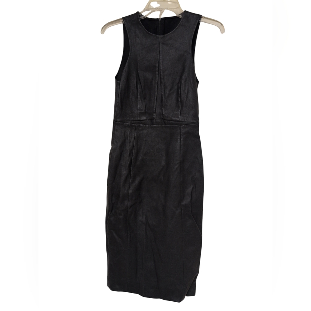 Italian Black Lambskin Leather Silk Lined Sleeveless Sheath Dress Size S